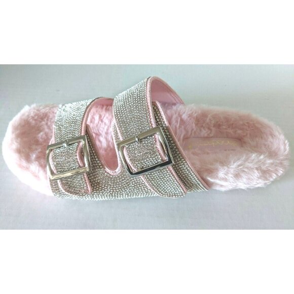 NIB Emiko Rhinestone Fuzzie Slide Women Sandals Flat Pink Faux Fur Buckle Size 9 - Picture 1 of 8